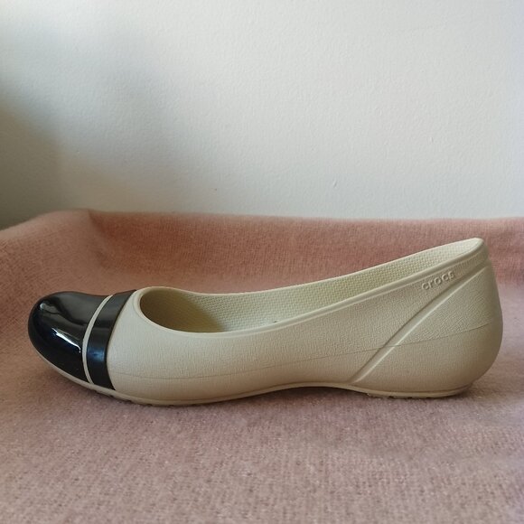Crocs Womens' Shoes--Slip-on Ballet Flats, Cream with Black Toe, size 10W - Picture 4 of 12